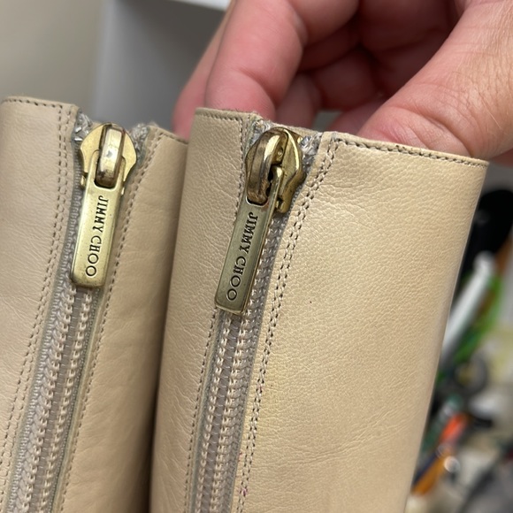 JIMMY CHOO HEELED BOOTS. Sz 37.5 (approx 7). Tan. Zip up back. See all photos! - Picture 7 of 16
